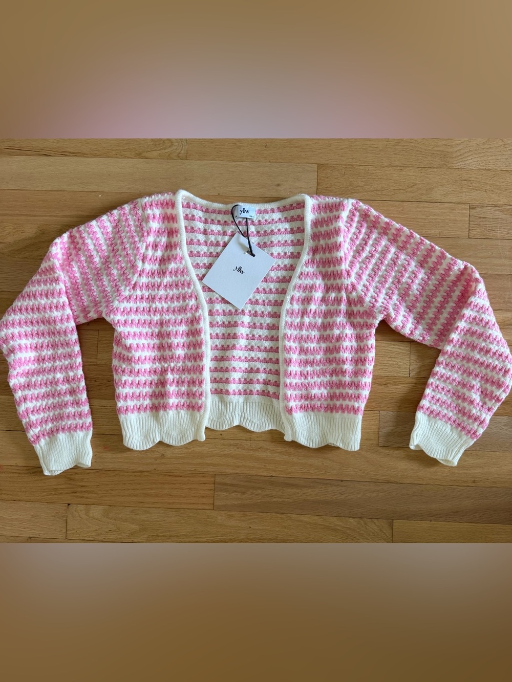 YLLW The Label Pink and White Striped Cropped Cardigan Sweater